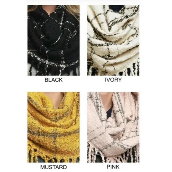 Ivory Plaid Soft Knit Plaid Infinity Tassel Scarf - Picture 3 of 3
